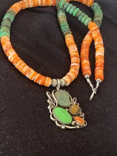 Navajo Green Turquoise and Spiny Bead Necklace Pendant | Sterling Silver | Authentic Native American Handmade | 573
