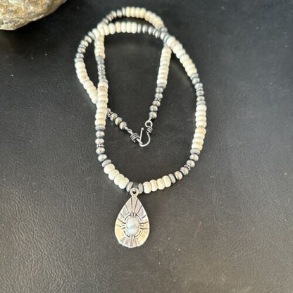 Navajo White Buffalo Turquoise Pendant Necklace | Sterling Silver | Authentic Native American Handmade | 14613