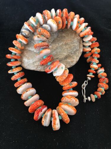 Navajo Orange Spiny Oyster & Turquoise Necklace | Sterling Silver | Authentic Native American | 22" | 3607