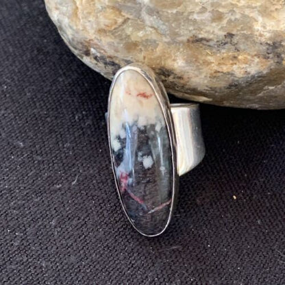 Navajo Men's White Black Cinnabrite Ring | Sterling Silver | Sz 7.5 | Authentic Native American Handmade | 1556