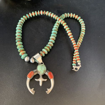 Navajo Pearl Royston Turquoise Coral Necklace with Naja Pendant | Sterling Silver | 13758