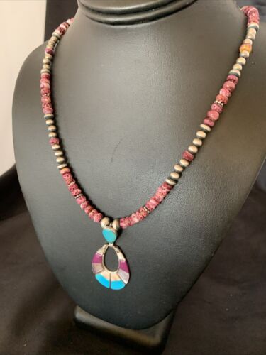 Navajo Sterling Silver Necklace | Turquoise & Purple Spiny Oyster Inlay Pendant Set | 18" | 12331