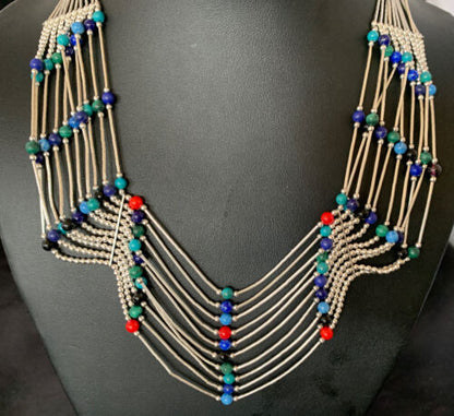 Native American Multi-Color Liquid Heishi Necklace | 10 Strand Sterling Tubes | 17" | 12623
