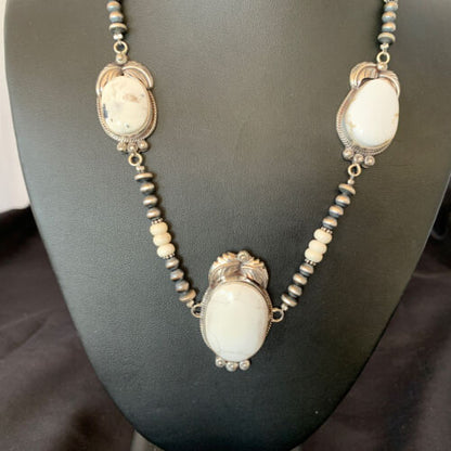 Navajo Pearls White Buffalo Turquoise Necklace Pendant | Sterling Silver | Authentic Native American Handmade | 10804 - Masha USA