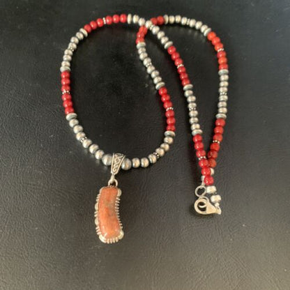 Red Apple Coral & Navajo Pearls Sterling Silver Bead Necklace with Pendant | Authentic Native American | 13437