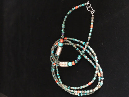 Navajo Blue Spiderweb Turquoise Coral Necklace | Sterling Silver | 3-Strand 29" | 1722