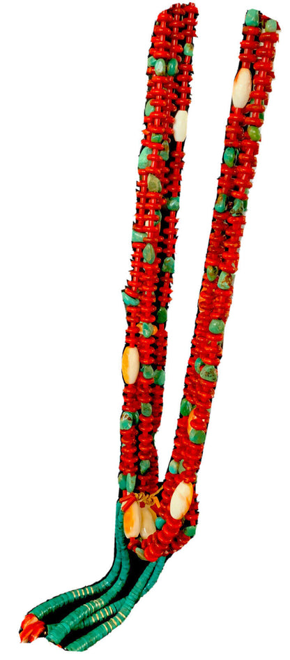 Southwestern Santo Domingo Red Coral Green Turquoise 5-Strand Jacla Necklace | 36" | Native American Handmade | 12053