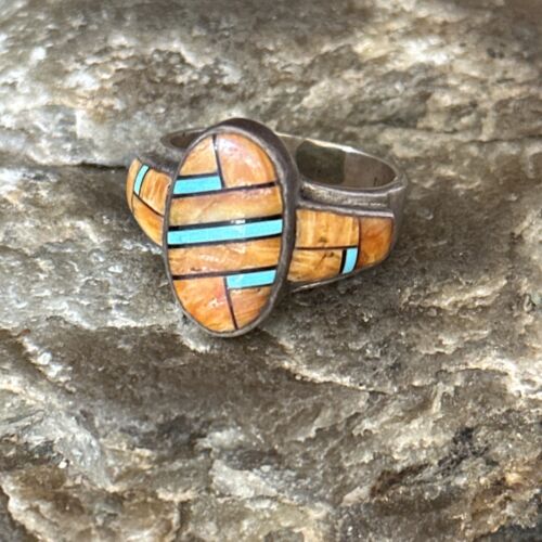 Native Womens Navajo Blue Turquoise Spiny Oyster Inlay Ring Sz 6.5 14557