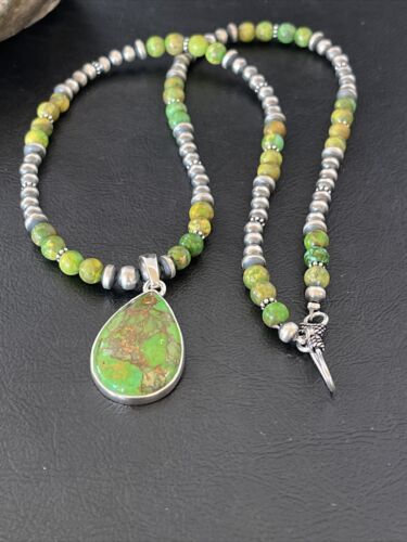 Navajo Pearl Necklace with Green Mojave Turquoise Pendant | Sterling Silver | Authentic Native American Handmade | 10580