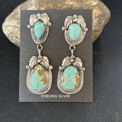 Navajo Blue #8 Turquoise Dangle Earrings | Sterling Silver | Authentic Native American Handmade | 14338