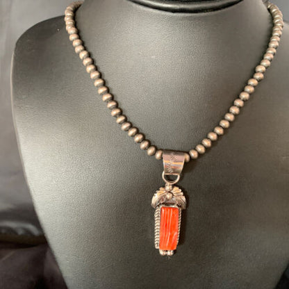 Navajo Red Spiny Oyster Square Pendant Necklace | Sterling Silver | Authentic Native American Handmade | 13635