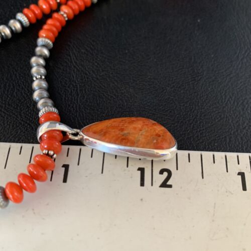 Native American Navajo Red Apple Coral Pendant Necklace | Sterling Silver Naja | 13944