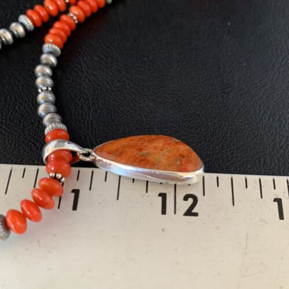 Native American Navajo Red Apple Coral Pendant Necklace | Sterling Silver Naja | 13944