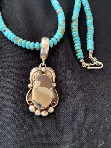 Navajo Blue Turquoise Sterling Silver Necklace | Pyrites Pendant | Southwestern 01393