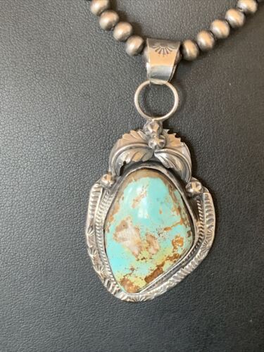 Men's Navajo Blue Dry Creek Turquoise Pendant | Sterling Silver | Pearl Necklace | Native American | 12970