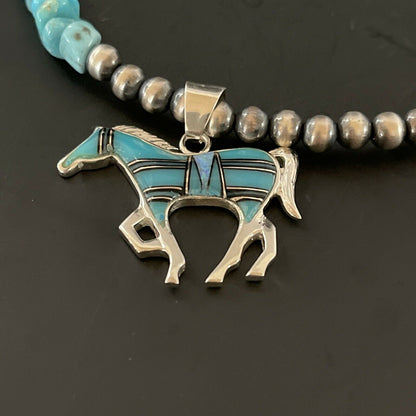 Navajo Horse Inlay Pendant | Blue Turquoise Opal | Sterling Silver | Authentic Native American Handmade | 11328