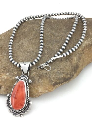Navajo Orange Spiny Oyster Pendant | Sterling Silver Pearls | Authentic Native American Handmade | 1296