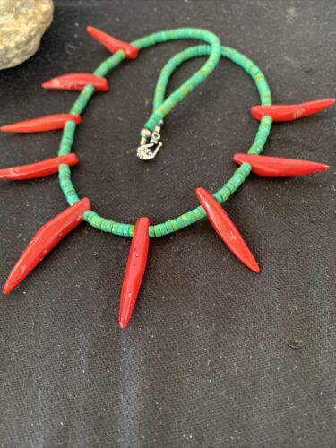 Navajo Turquoise Coral Chili Pepper Necklace | Sterling Silver | Graduated Beads | 20" | 00827