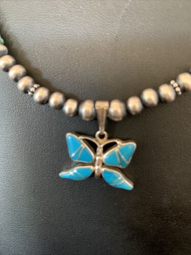 Navajo Pearl Sterling Silver Butterfly Turquoise Necklace Pendant | Authentic Native American Handmade | 12559