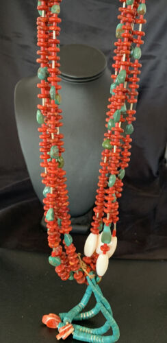 Southwestern Santo Domingo Red Coral Green Turquoise 5-Strand Jacla Necklace | 38" | Native American Handmade | 12052