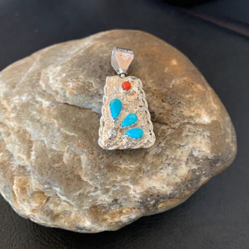 Zuni Yellow Mother of Pearl Turquoise Coral Inlay Sun Face Pendant | Sterling Silver | 2-Sided | 1685