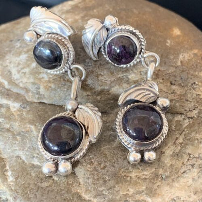 Navajo Purple Sugilite Post Dangle Earrings | Sterling Silver | Authentic Native American Handmade | 1591