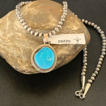Men's Navajo Pearls Necklace with Blue Kingman Turquoise Pendant | Sterling Silver | Native American Handmade | 2202