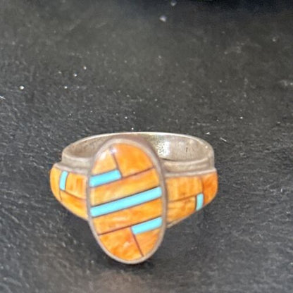 Navajo Blue Turquoise Spiny Oyster Inlay Ring | Sz 6.5 | Authentic Native American Handmade | 14557