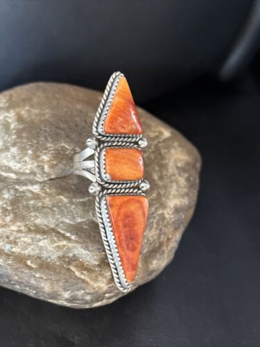 Navajo Orange Spiny Oyster Multi-Stone Ring | Authentic Native American Sterling Silver | Multi-Stone | Sz 7.5 | 14504