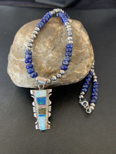 Navajo Pearls Necklace with Blue Lapis & White Opal Inlay Pendant | Sterling Silver | 11631