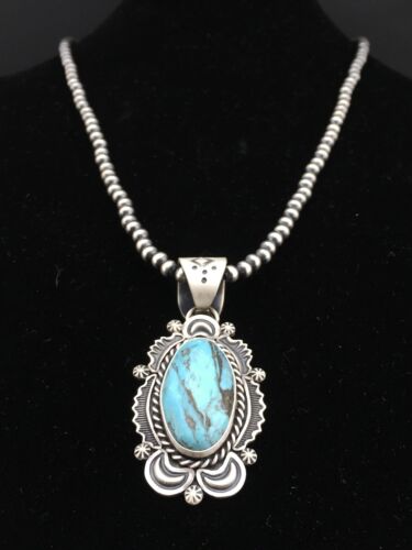 Navajo Blue Turquoise Pendant Necklace | Sterling Silver | 2.75" | Authentic Native American Handmade | 1302