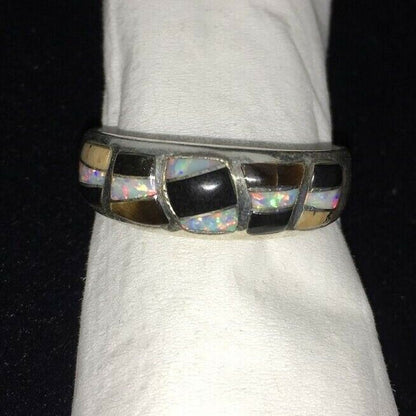 Navajo Men's White Opal & Black Onyx Inlay Ring | Sterling Silver | Sz 13.5 | Authentic Native American | 01789