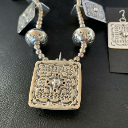 Navajo Square Blue Naja Necklace Set | Authentic Native American Sterling Silver | Handmade Stamped | 10767