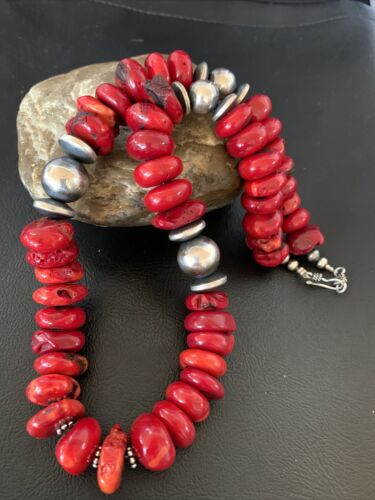 Navajo Red Coral Bead Necklace | Sterling Silver | 20" | Authentic Native American Handmade | 13375