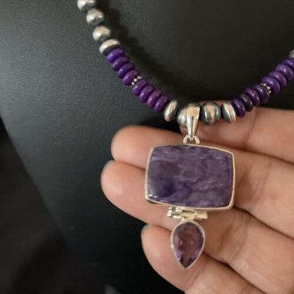 Navajo Pearls Necklace with Purple Sugilite Pendant | Sterling Silver | Multi-Stone | 11333