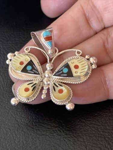 Zuni Blue Turquoise Coral Mother of Pearl Butterfly Inlay Pendant Necklace | Sterling Silver | 11969