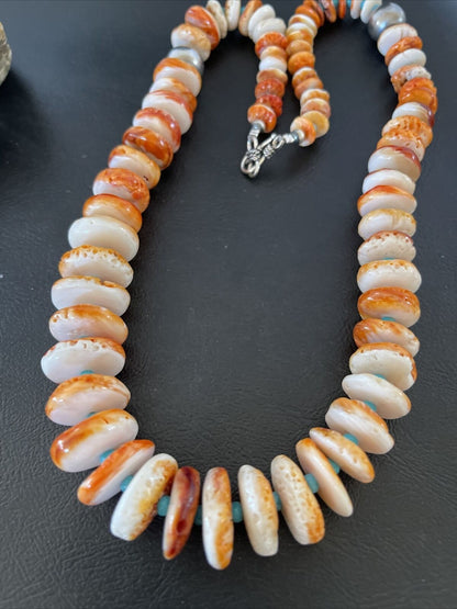 Authentic Native American Navajo Turquoise & Orange Spiny Oyster Necklace | Sterling Silver | Graduated | 22" | 10588