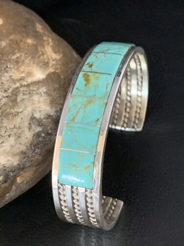 Native American Men's Blue #8 Turquoise Inlay Cuff Bracelet | Sterling Silver | 14138