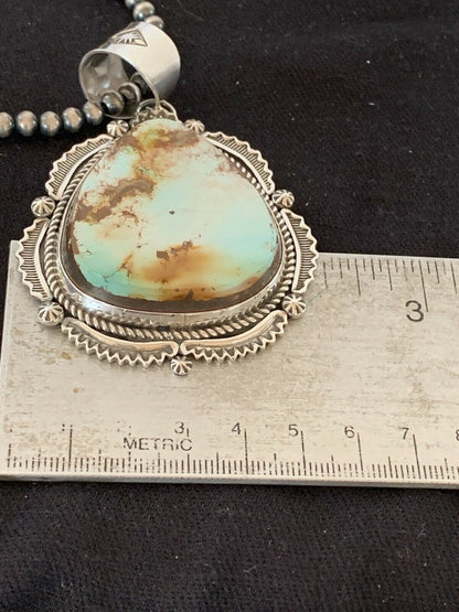 Navajo Pearls Necklace with Blue Royston Turquoise Pendant | Sterling Silver | Authentic Native American Handmade | 336