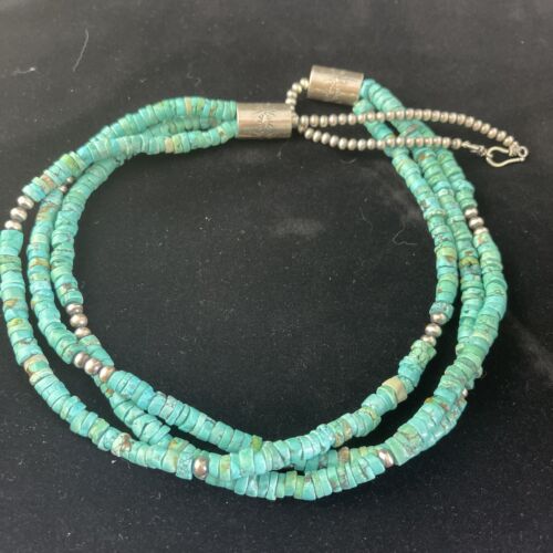 Navajo Turquoise Heishi Necklace | Sterling Silver 3 Strand 7mm | 24" | Authentic Native American Handmade | 01769