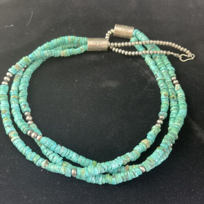 Navajo Turquoise Heishi Necklace | Sterling Silver 3 Strand 7mm | 24" | Authentic Native American Handmade | 01769