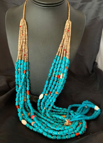 Southwestern Santo Domingo Coral Spiny Blue Turquoise Jacla Necklace | 32" | Native American Handmade | 12047