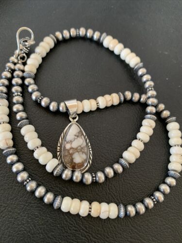 Navajo Pearls Wild Horse Turquoise Howlite Necklace Pendant | Sterling Silver | Authentic Native American Handmade | 1913