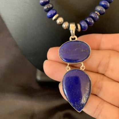 Navajo Sterling Silver Beads Necklace with Lapis Lazuli Pendant | 8mm | Authentic Native American Handmade | 11364