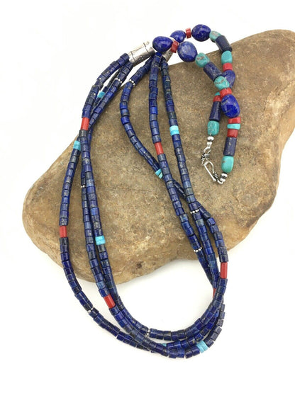 Southwestern Navajo Lapis Turquoise Necklace | 3-Strand | Sterling Silver | 24" | 1332