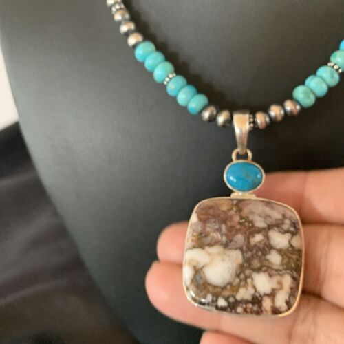 Men's Navajo Pearl Necklace | Sterling Silver | Blue Turquoise & Wild Horse Pendant | 11860