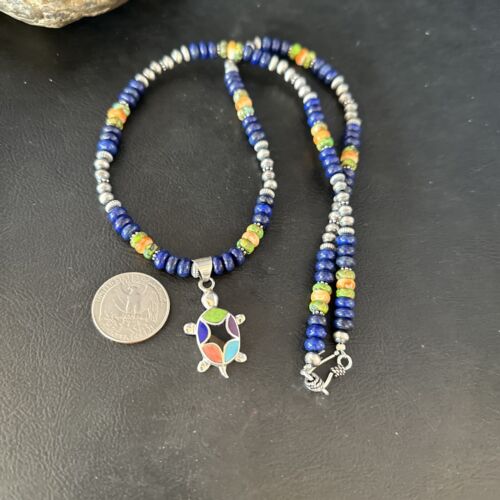 Navajo Green Turquoise and Lapis Inlay Pendant Necklace | Sterling Silver | Authentic Native American Handmade | 14616