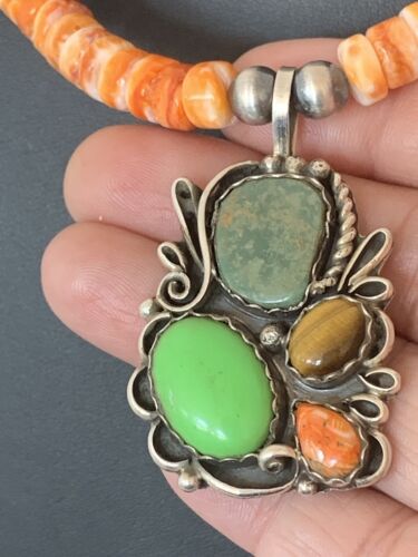 Navajo Green Turquoise and Spiny Bead Necklace Pendant | Sterling Silver | Authentic Native American Handmade | 573