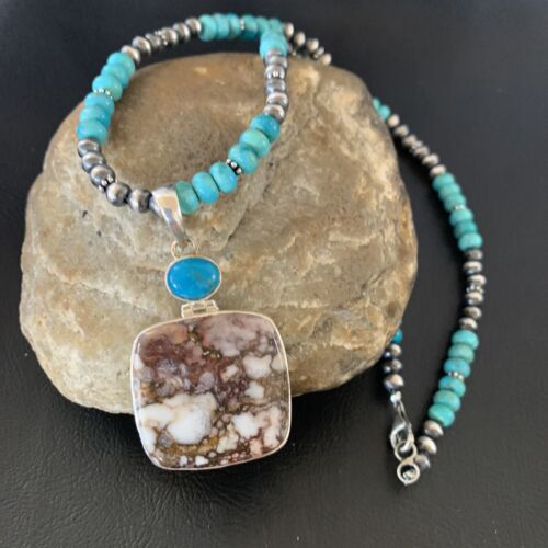 Men's Navajo Pearl Necklace | Sterling Silver | Blue Turquoise & Wild Horse Pendant | 11860