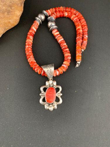 Navajo Red Spiny Oyster Pendant Necklace | Sterling Silver | Authentic Native American Handmade | 4783